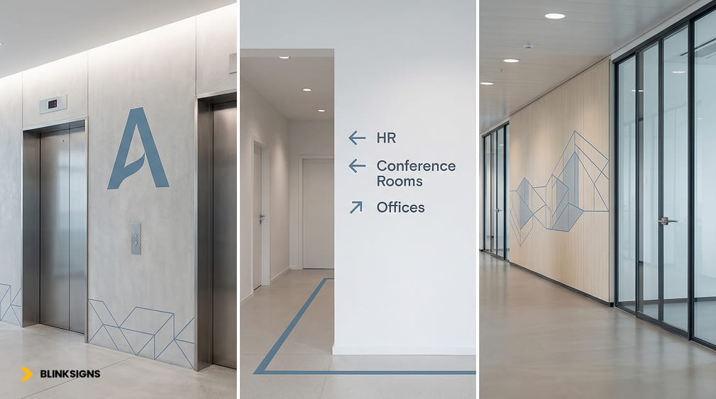 Environmental Graphics & Wayfinding Integration: Creating Seamless Branded Journeys 2 Minimalist office wayfinding with elevator branding, directional arrows, and cohesive environmental graphics.