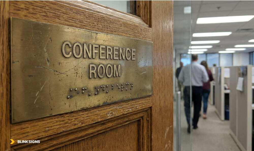 World Braille Day 2026: People Behind the Signs 4 Conference room sign on a office door with old disturbed braille