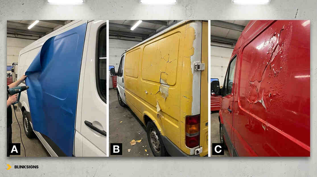 Vehicle wrap removal outcomes showing clean removal, adhesive residue, and paint damage