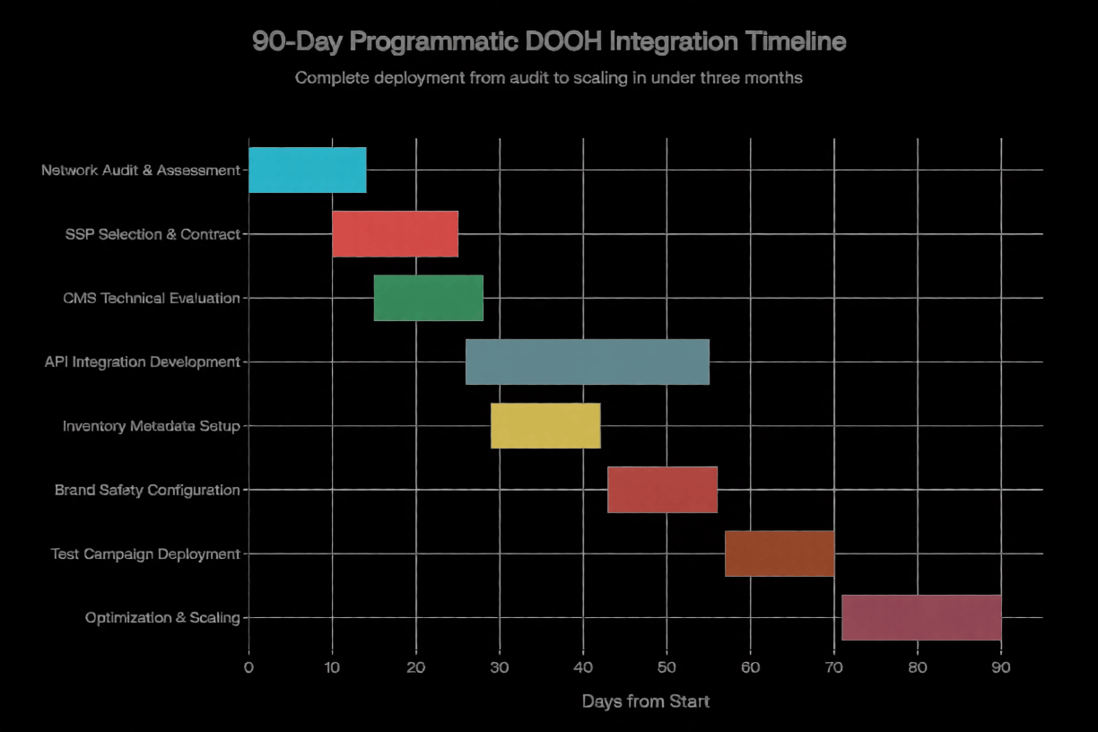 Programmatic DOOH Explained: A Complete Guide for Brands, Franchises, and Operators 5 chart showing 90 day Programmatic DOOH integration timeline, complete deployment from audit to scaling in under three months