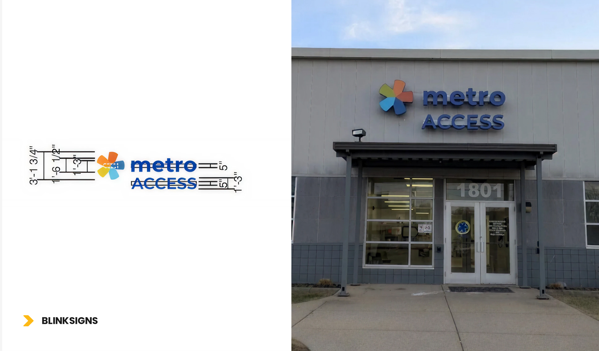 Collage of Metro illuminated channel letters design and installed signage on Access Building, Transpark drive, Cincinnati, OH