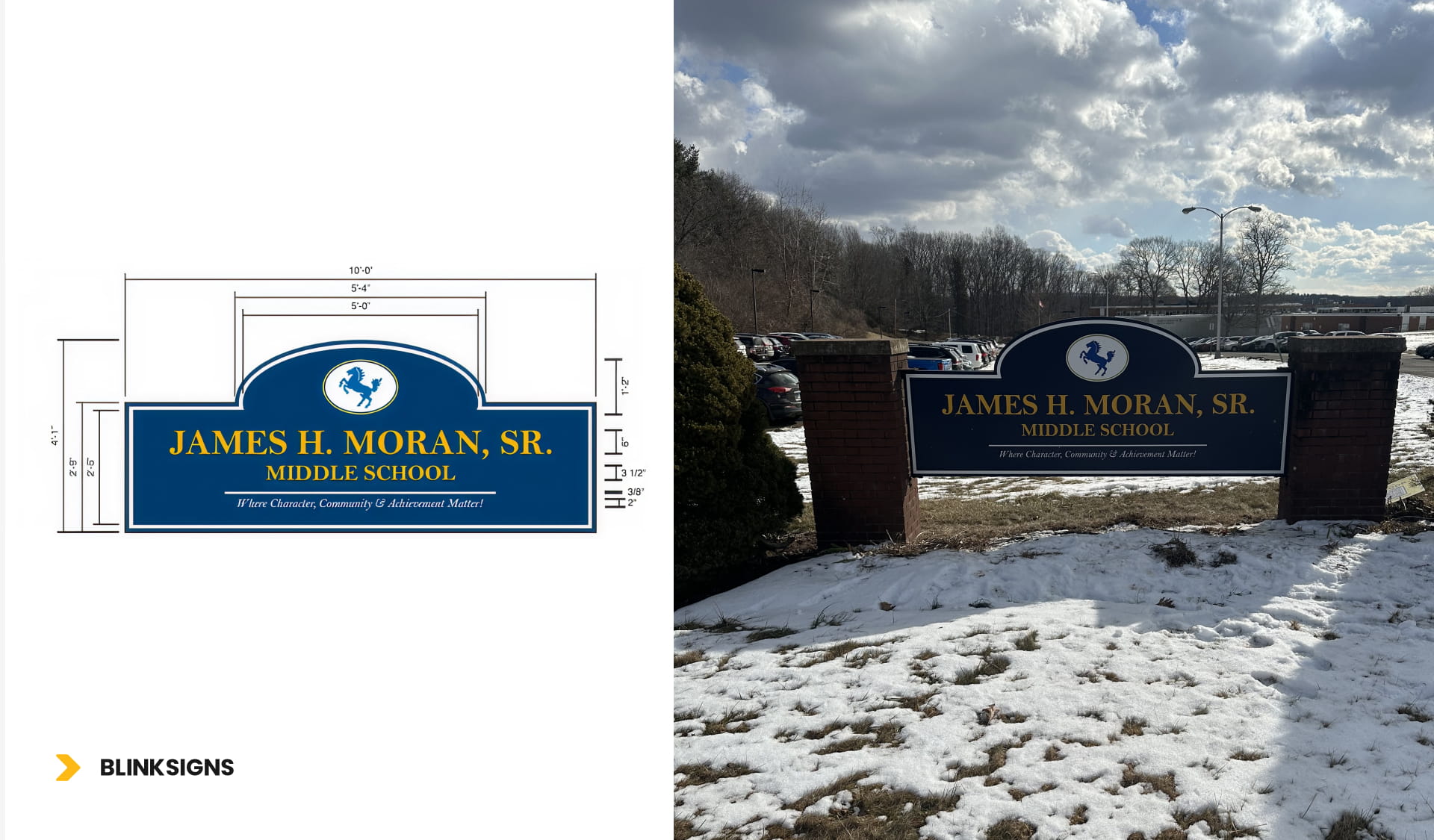 Monument sign for James H. Moran, Sr. Middle School covered in snow, located on Hope Hill Road, Wallingford, CT.