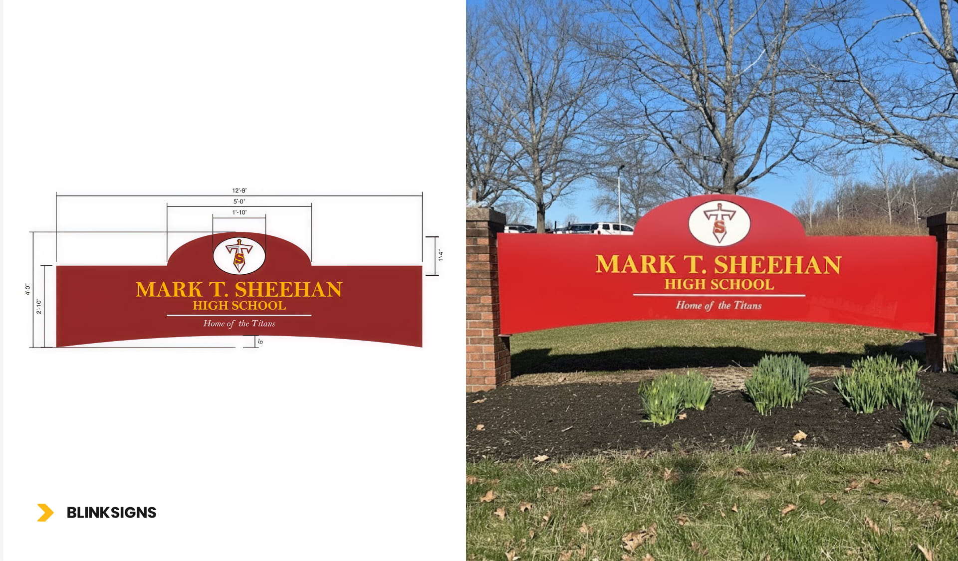 Monument sign for Mark T. Sheehan High School in red, situated on Hope Hill Road, Wallingford, CT.