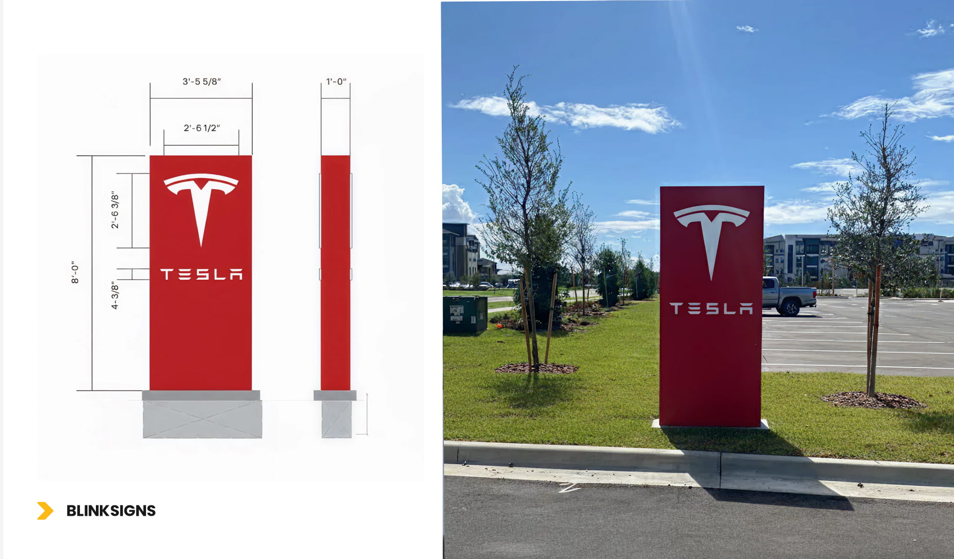 Red monument sign featuring the Tesla logo, highlighting the design and installation in Wesley Chapel, Florida.
