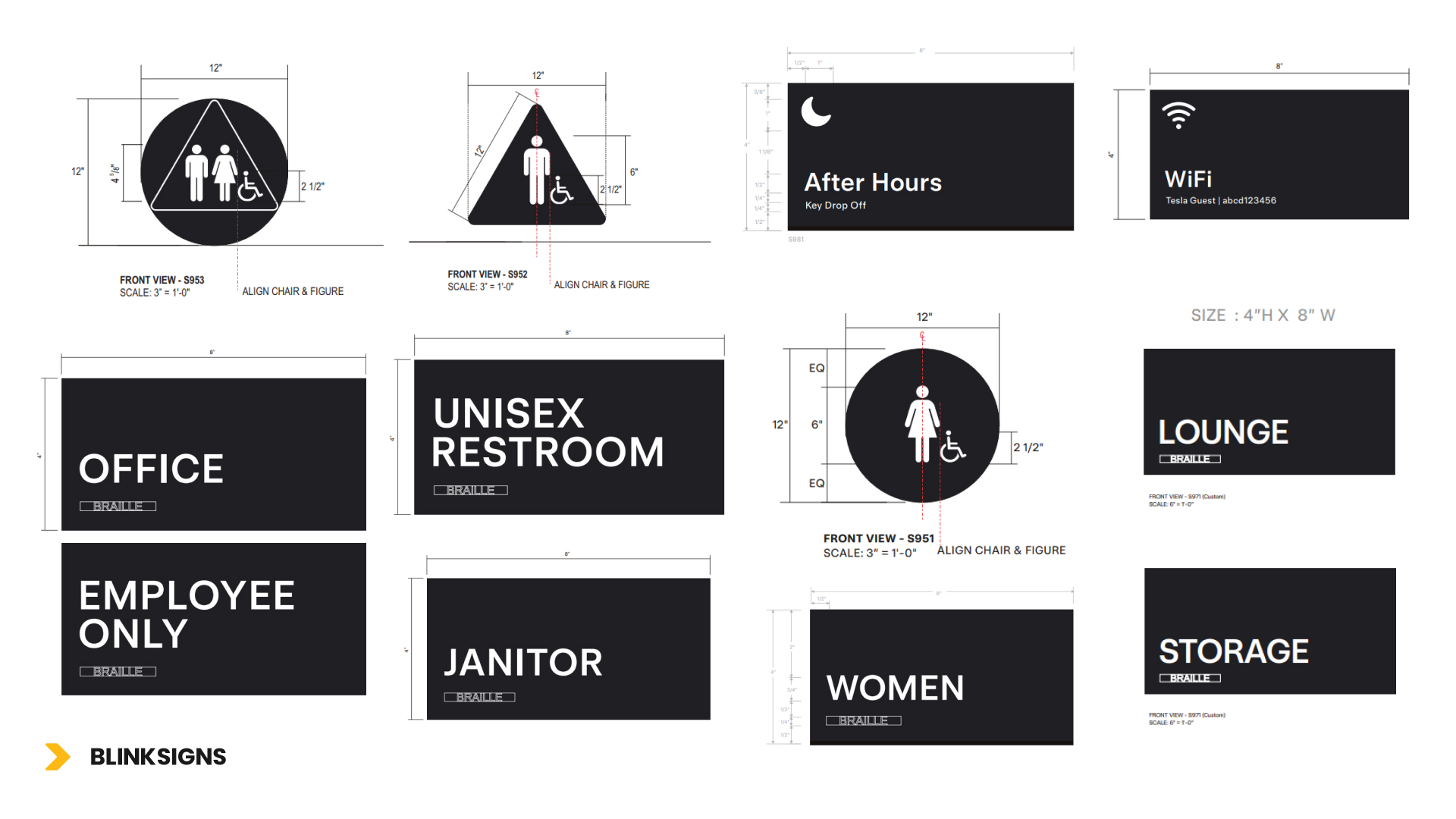 Visual representation of different ADA bathroom signs used in the Tesla building, highlighting accessibility compliance.