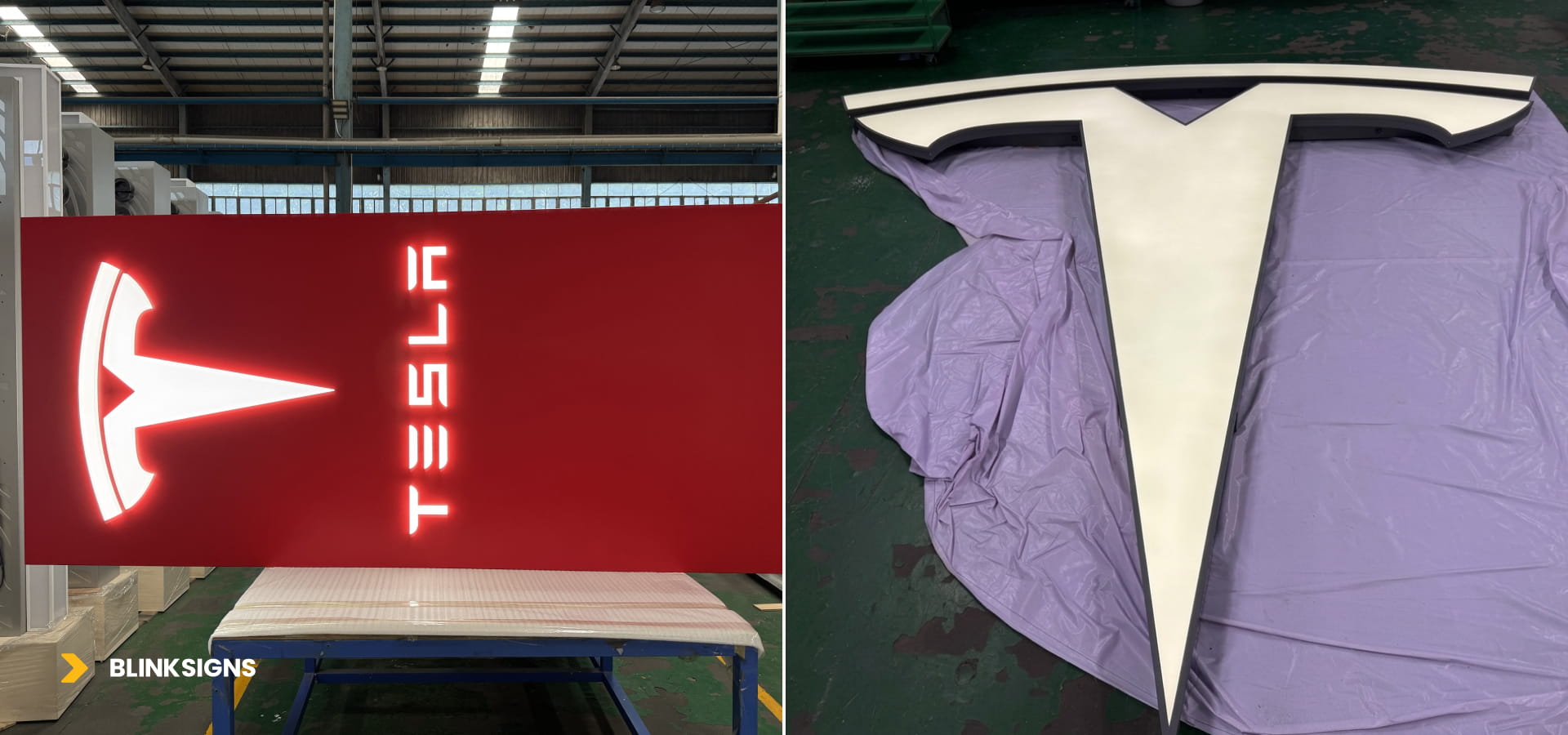 Tesla Signage being manufactured in a factory for the Tesla building in Wesley Chapel, Florida.