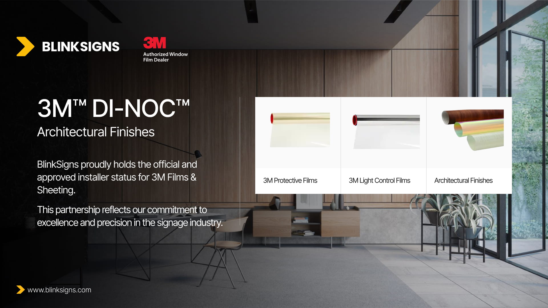 BlinkSigns 3M Authorized Dealer graphic showcasing 3M Di-Noc Architectural Finishes, Protective Films, and Light Control.