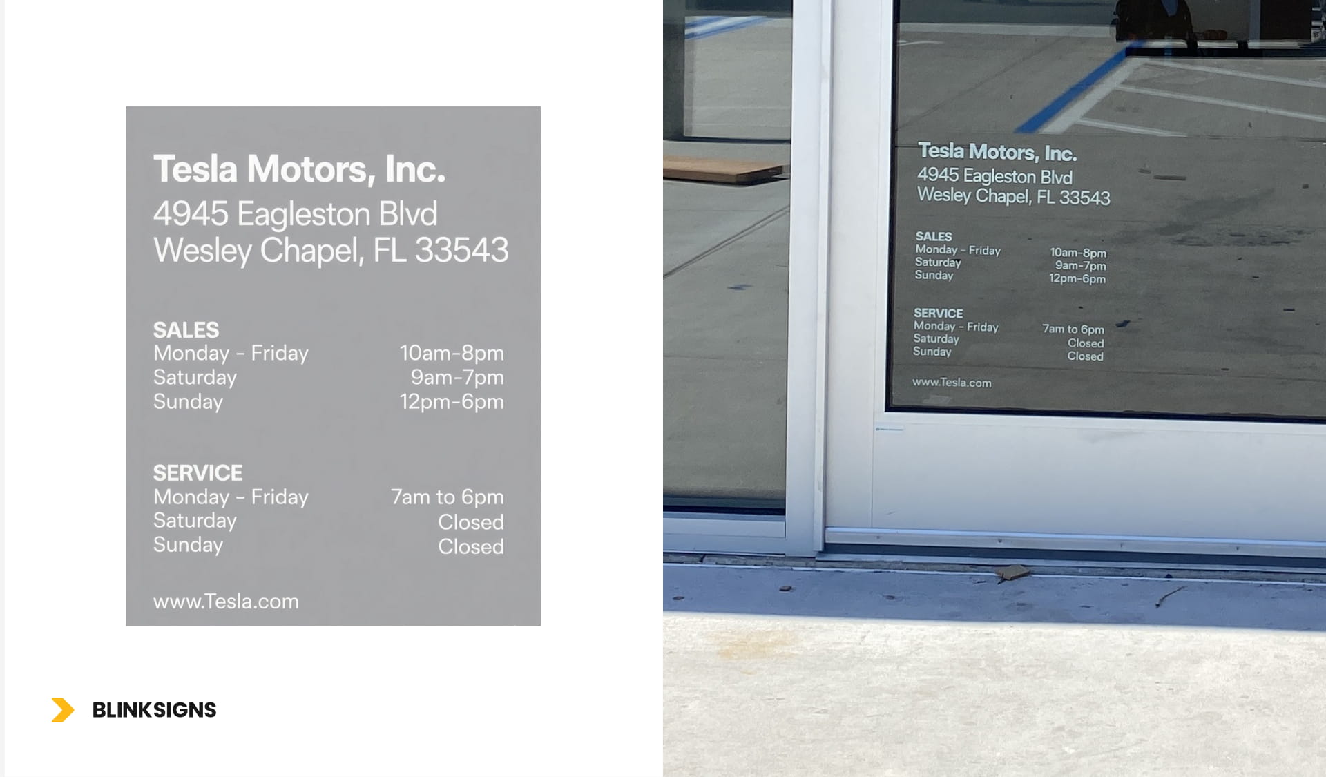 Exterior door graphics showcasing the Tesla Motors Inc. branding and office timings at a Wesley Chapel location.