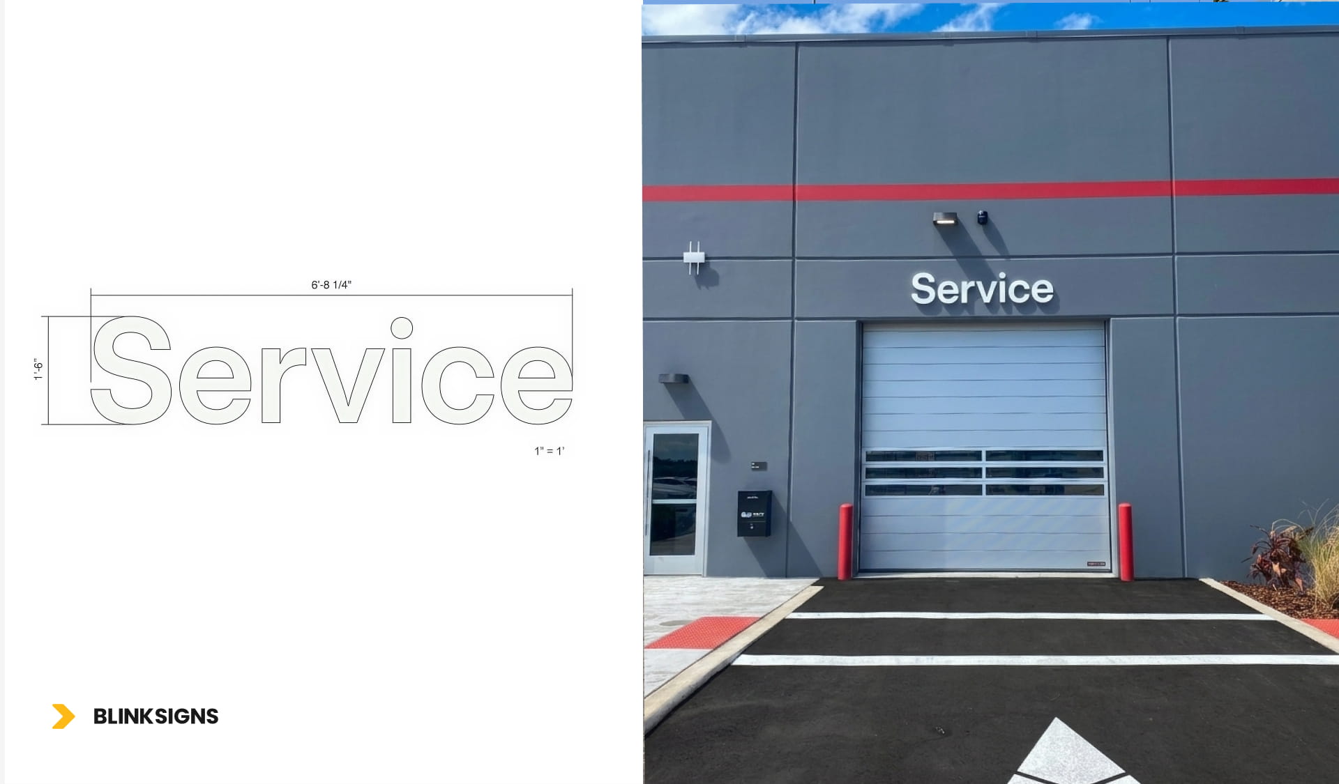 illuminated channel letters spelling "Service" for Tesla's service department in Wesley Chapel.