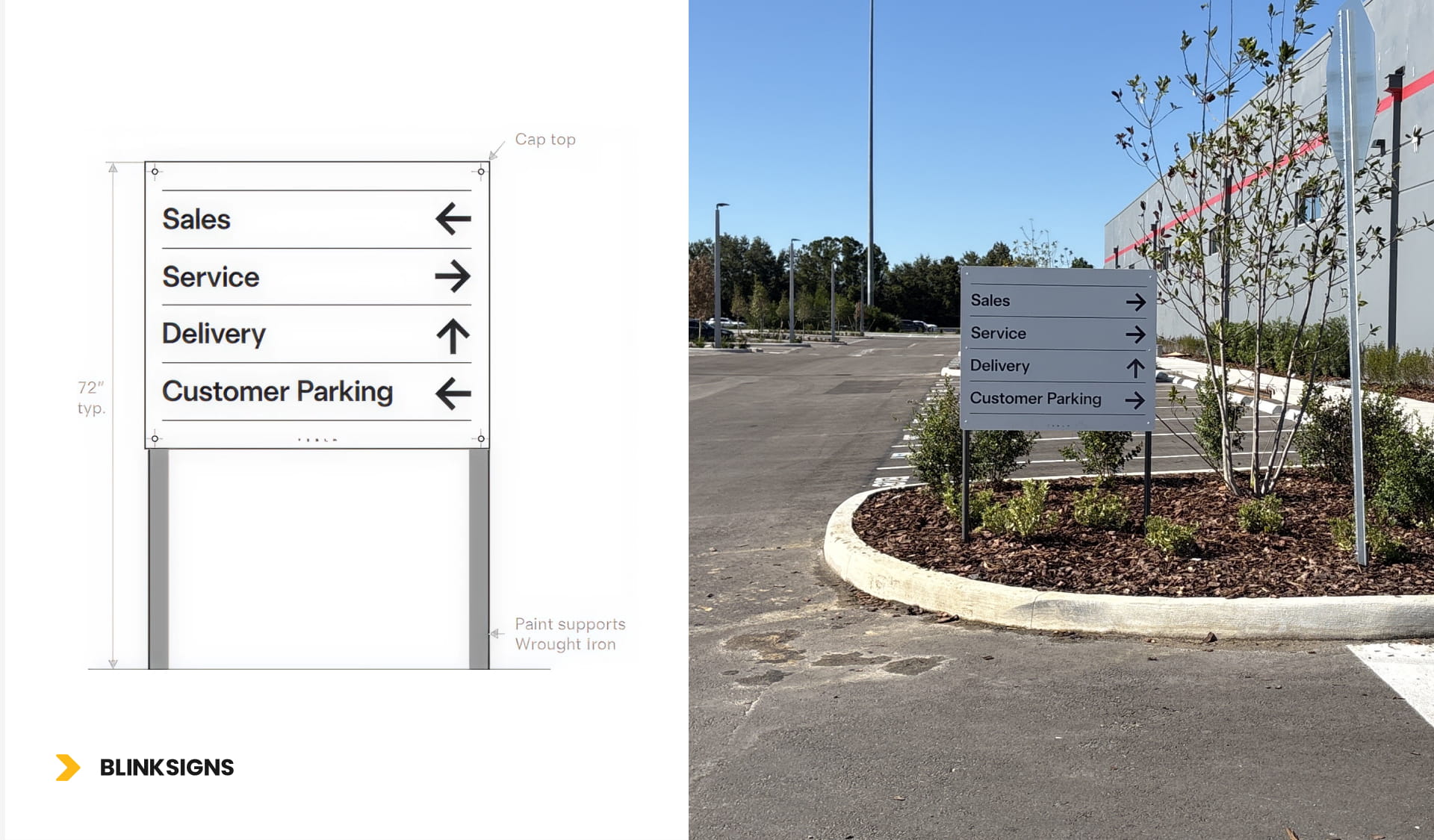 A parking lot scene showing pole-mounted signs pointing right and left, designed for wayfinding to the Tesla building.