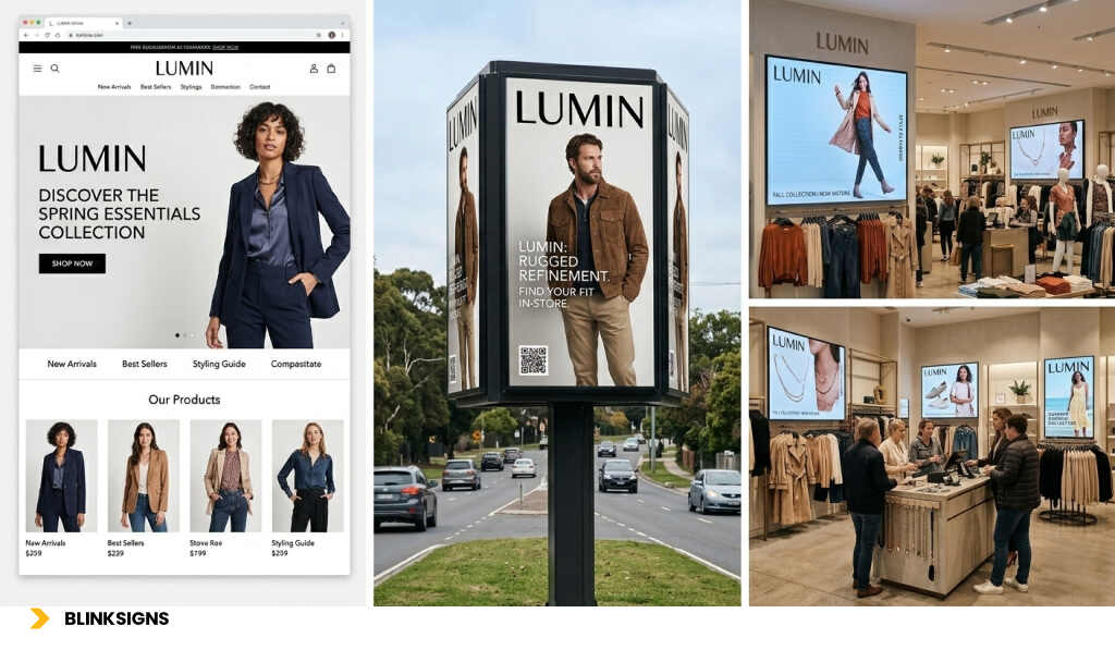 Retail Media Networks for Signage: Turning Your Displays Into Revenue-Generating Ad Inventory 2 A montage of photos featuring people engaged in shopping activities within a store, illustrating retail media networks in action.