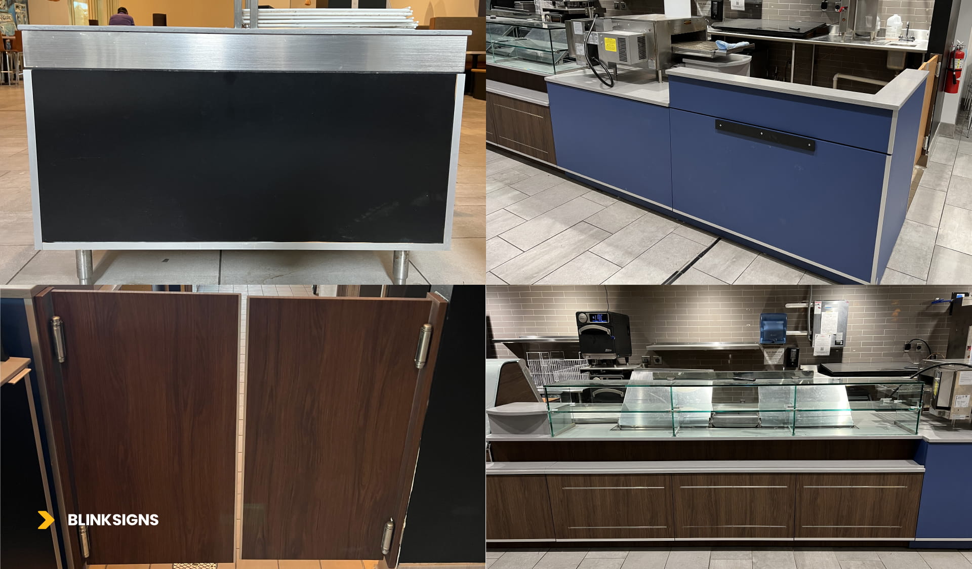 Collage showing interior surface enhancements: metallic 3M Di-Noc ME-1685 panels, woodgrain counters, and blue accent wraps.