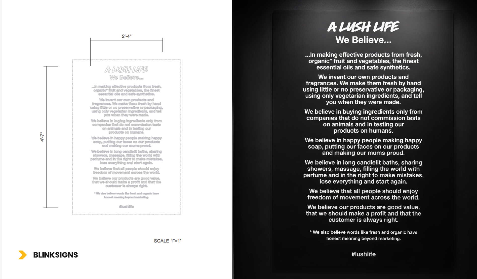 "A LUSH LIFE We Believe..." with a long message written with die cut vinyl on interior wall of LUSH store at Scottsdale Fashion Square, AZ