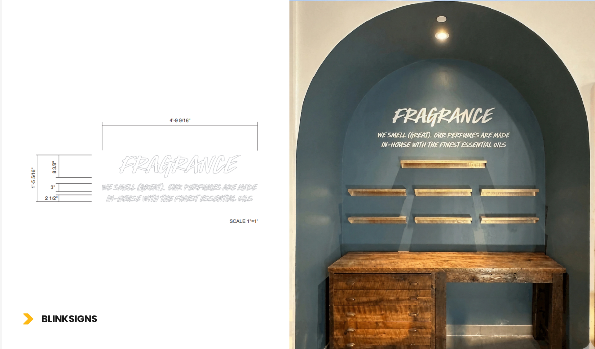 Vinyl graphics of "FRAGRANCE" and "WE SMELL (GREAT). OUR PERFUMES ARE MADE IN-HOUSE WITH THE FINEST ESSENTIAL OILS."
