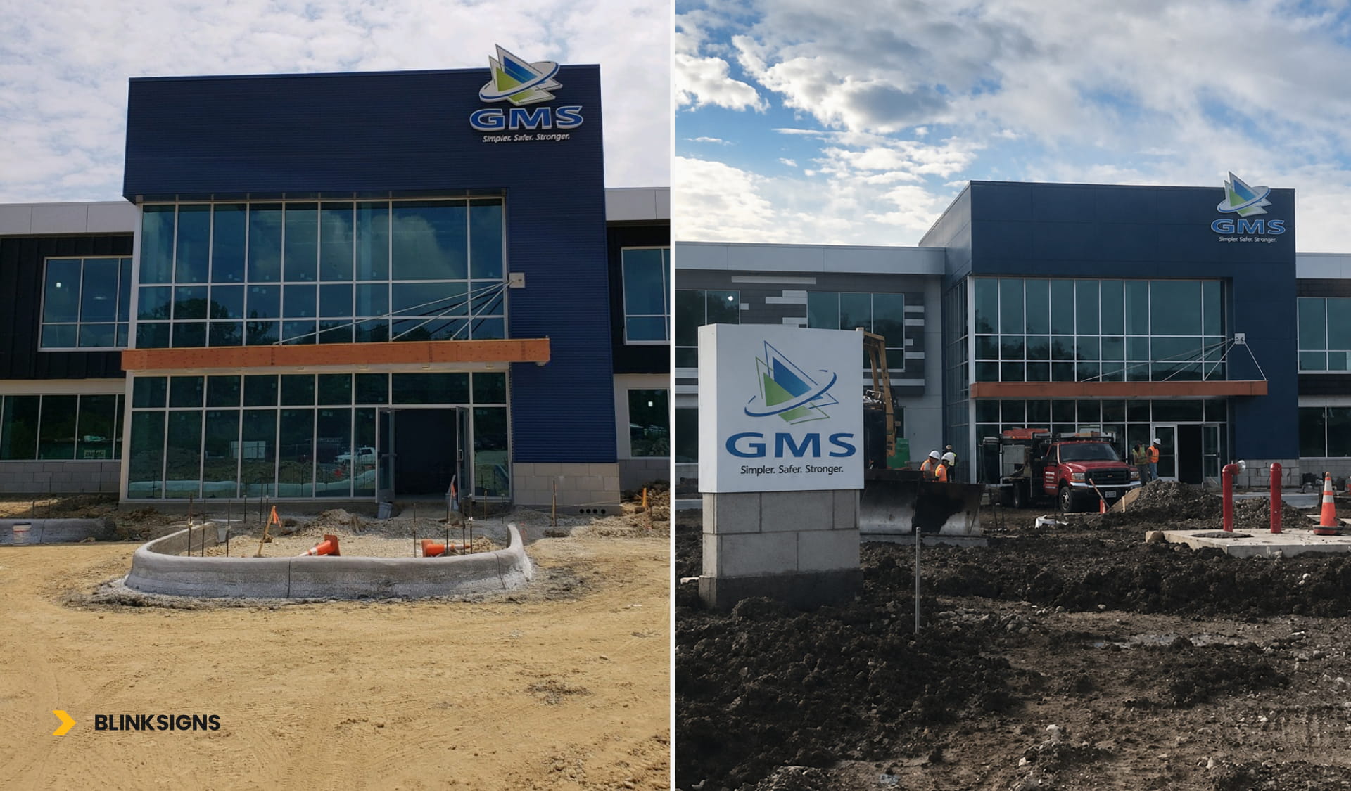 Exterior GMS building logo and stone monument sign installation by Blink Signs.