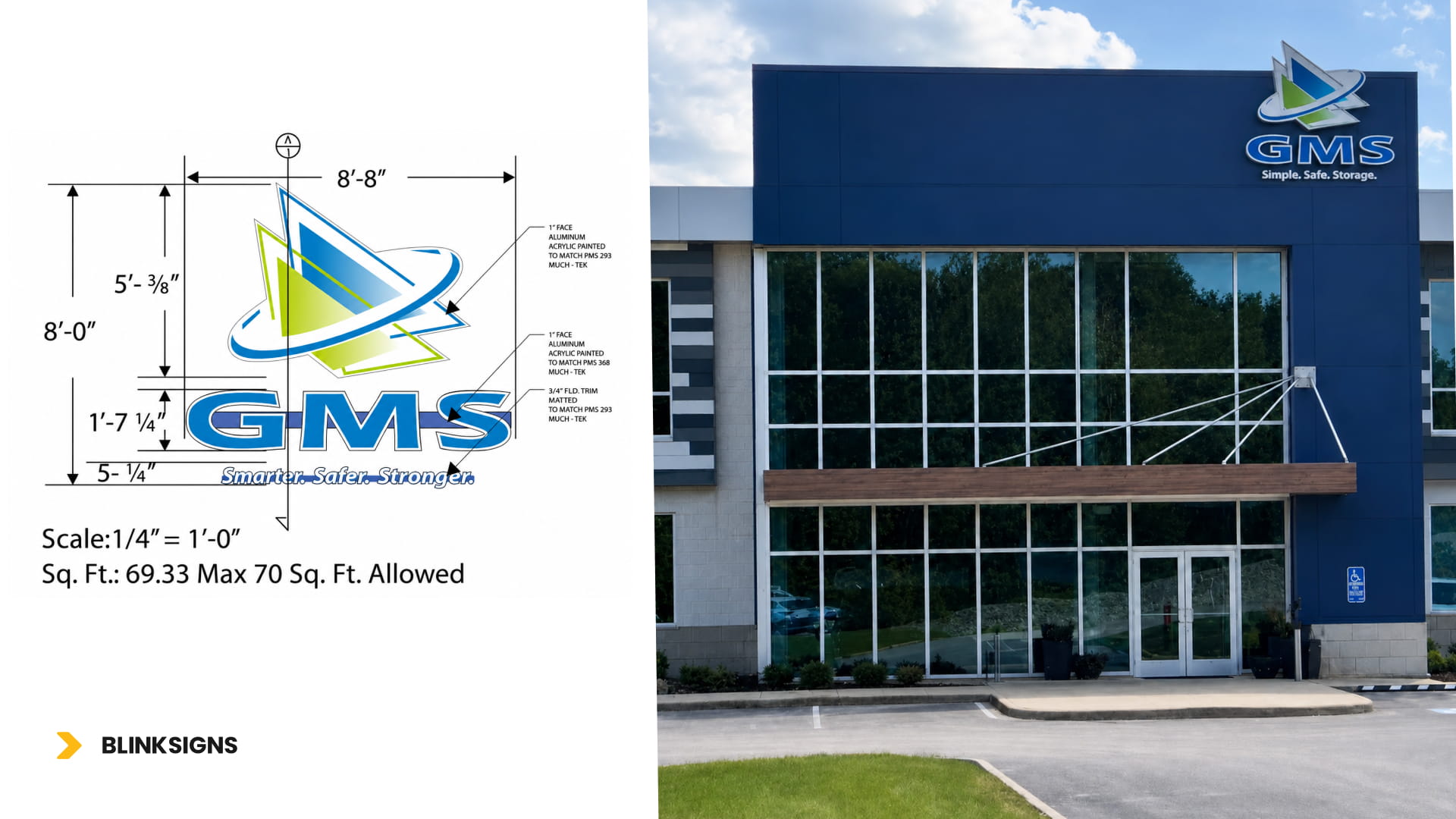 BlinkSigns custom exterior illuminated building sign design proof and installation for GMS in Richfield, Ohio.
