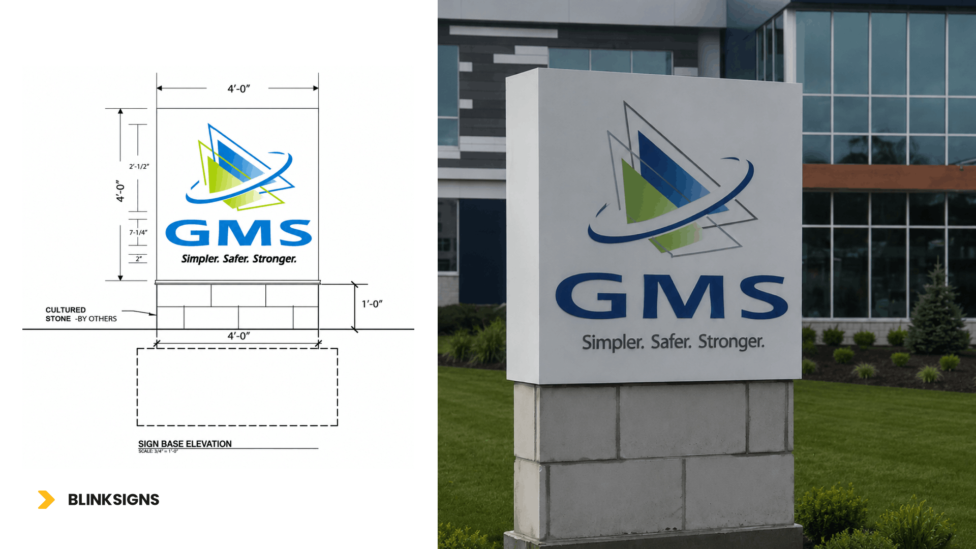 BlinkSigns custom monument sign design schematic and installation for GMS building in Richfield, Ohio.