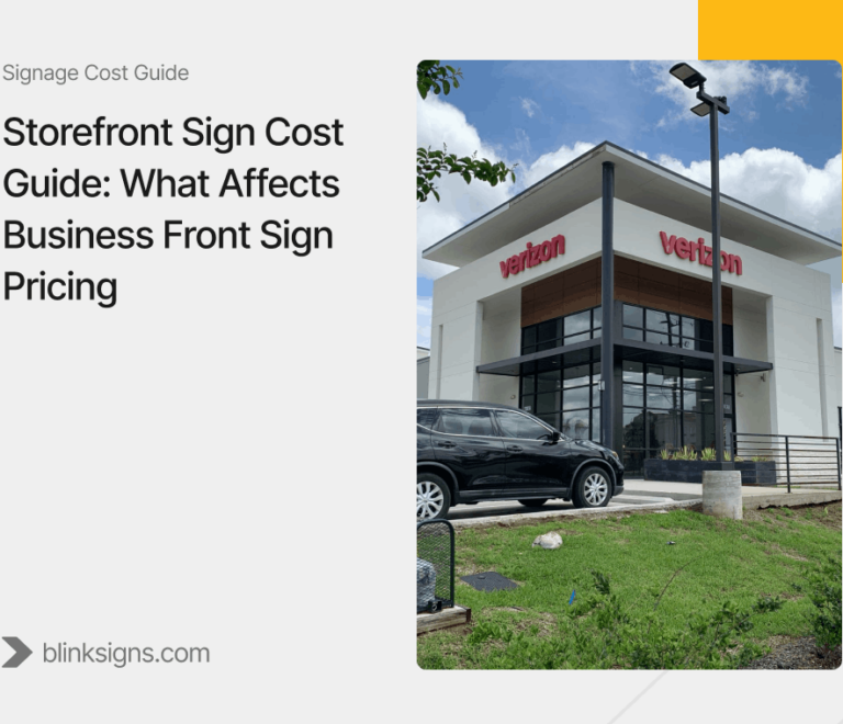 Storefront Sign Cost Guide graphic showing illuminated Verizon channel letters on a modern commercial building.