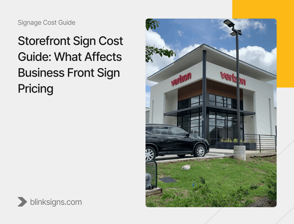Storefront Sign Cost Guide graphic showing illuminated Verizon channel letters on a modern commercial building.